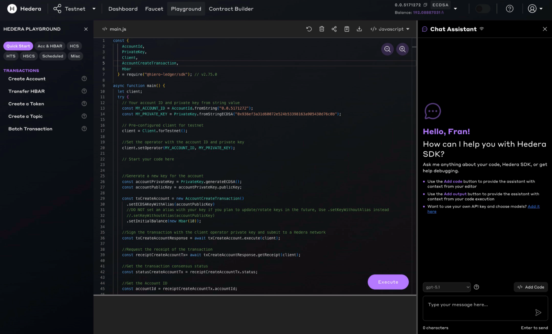 Hedera Playground - Interactive developer environment with code execution and AI assistance, built to accelerate developer onboarding, and real-world prototyping.